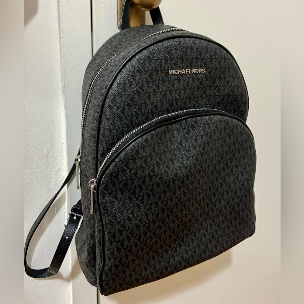 Michael Kors Black Leather MK Logo Medium Abbey Backpack with Silver Metal Zip
